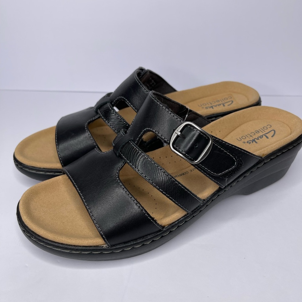 NWOB Clarks Women 9.5 Merliah Pearl Black Leather Wedge Comfort Slip on Sandal